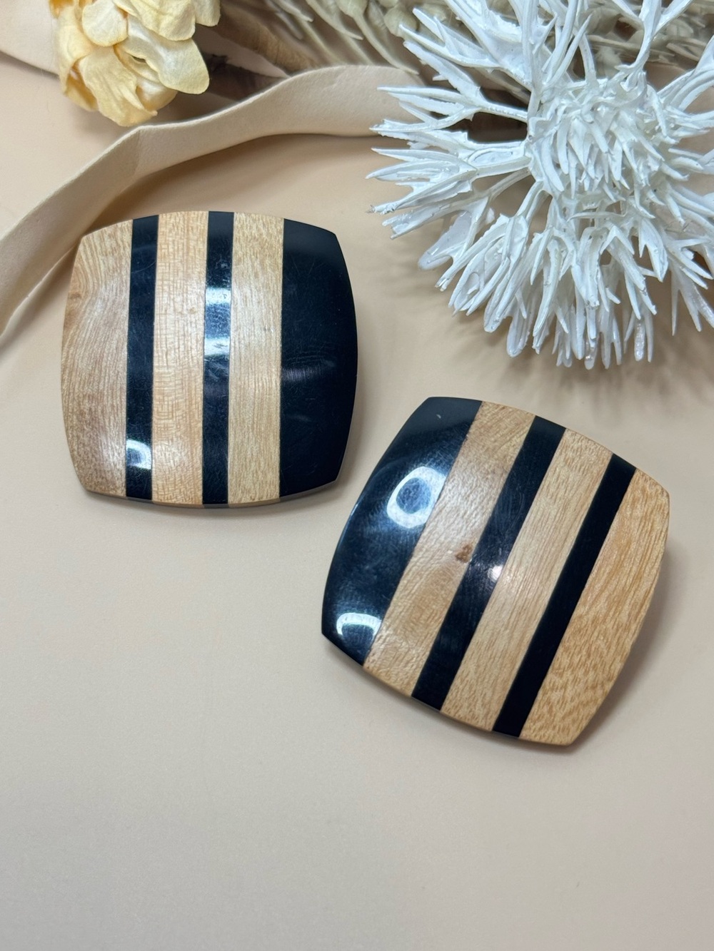 Vintage Wood Black Stripe Geometric Square Statement Pierced Earrings